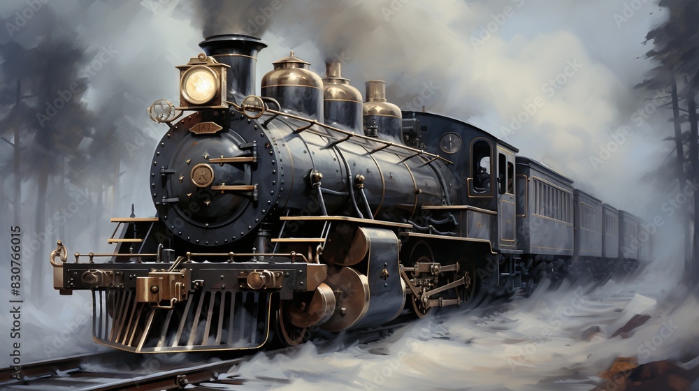 Naklejka premium A Steam Train Chugging Through a Snow Covered Forest