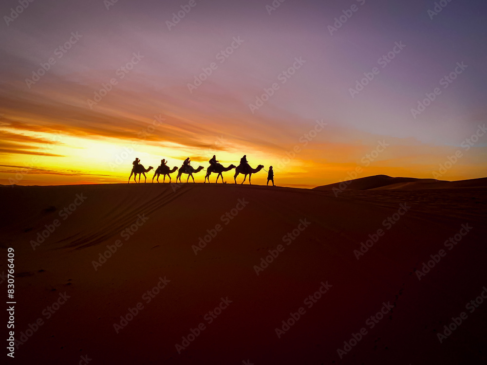 Wüstenkarawane: Kamele im Sonnenuntergang