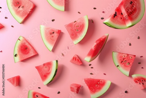 A juicy red slice of ripe watermelon isolated on a pink background