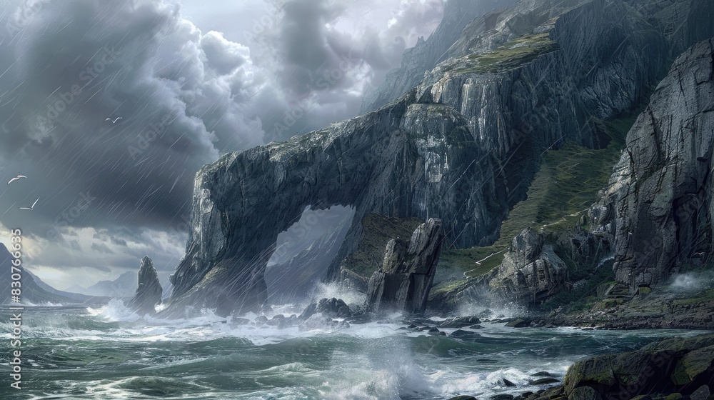 A rugged shoreline featuring a sizable rocky structure with a small opening with turbulent waters and a cloudy sky A rugged shoreline featuring a sizable rocky structure with a small opening with turbulent waters and a cloudy sky