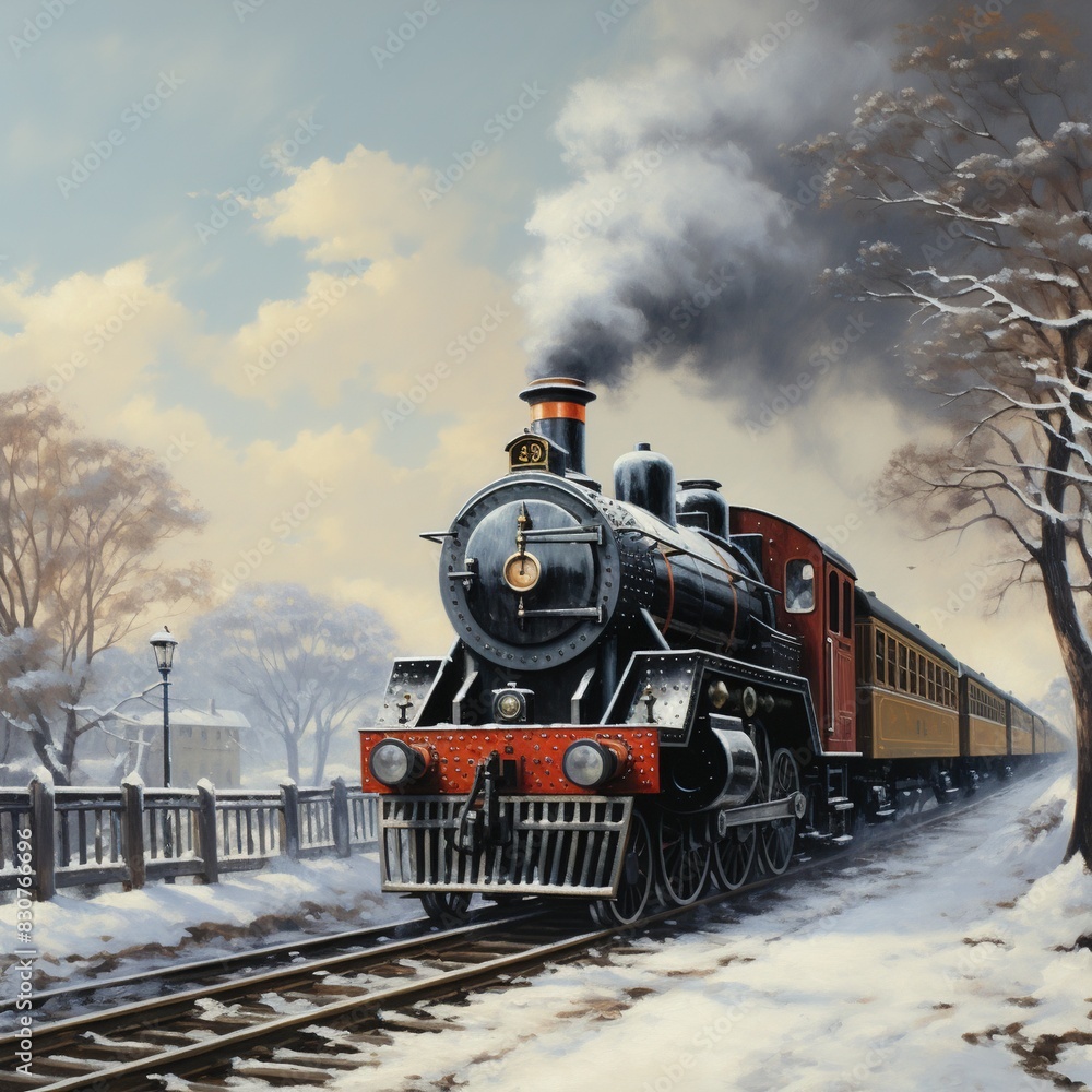 Naklejka premium A Steam Train Chugging Through a Snow Covered Forest