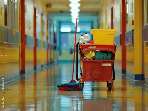Obraz na płótnie Janitorial cart with mop, bucket, and cleaning supplies, in a school hallway w salonie