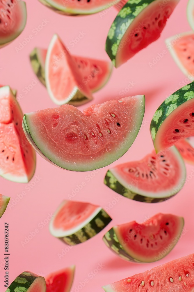 A juicy red slice of ripe watermelon isolated on a pink background A juicy red slice of ripe watermelon isolated on a pink background