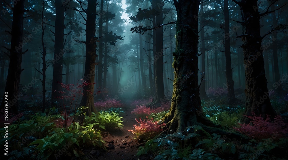 Fototapeta premium A fantastical realm where a colorful and dark forest serves as a backdrop for a clash between light and darkness, hope and despair ai_generated