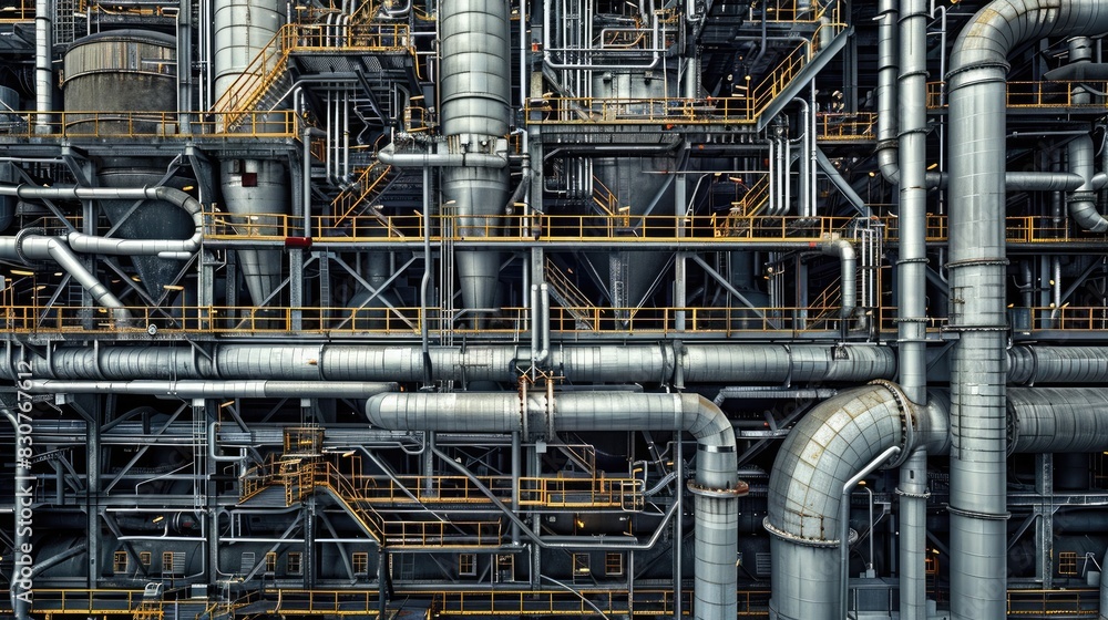 Close-up of an industrial factory background at night, featuring machinery, steel structures, and urban cityscape elements Close-up of an industrial factory background at night, featuring machinery, steel structures, and urban cityscape elements