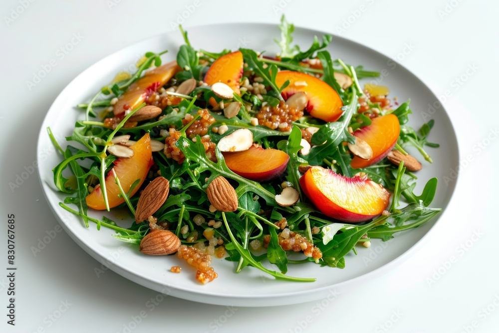 Tender Arugula Salad with Ripe Peaches, Sorghum, and Almonds Tender Arugula Salad with Ripe Peaches, Sorghum, and Almonds