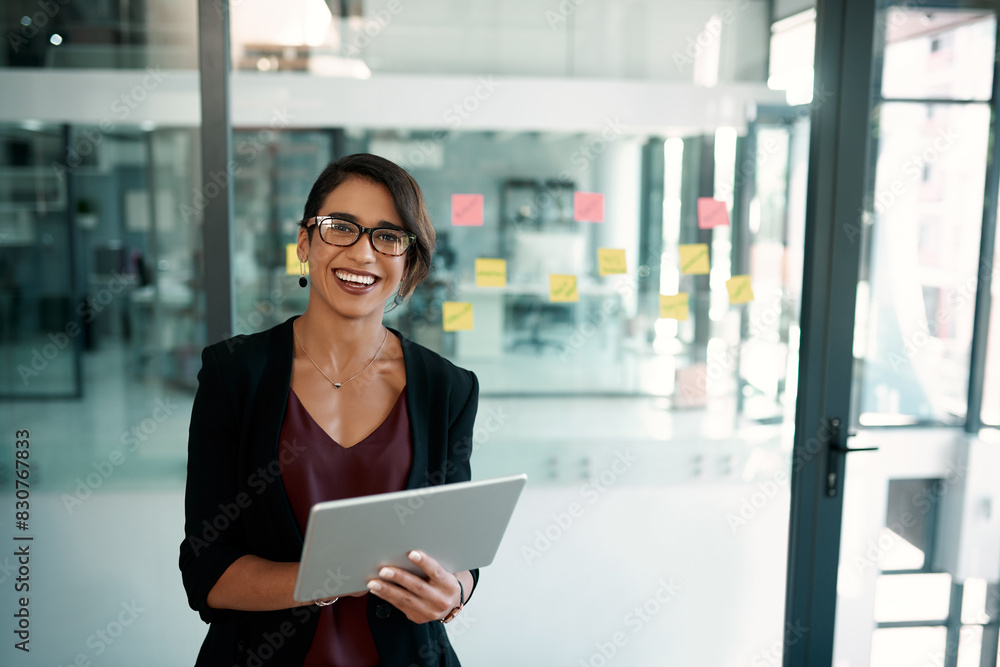 Smile, businesswoman and tablet in portrait for connection, communication or digital networking. Female person, tech and happy in corporate as project manager in company in office as professional Smile, businesswoman and tablet in portrait for connection, communication or digital networking. Female person, tech and happy in corporate as project manager in company in office as professional
