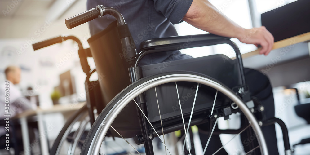 Disabled person using wheelchair in office environment. Man with disability working on his laptop in the office. Independence and adaptability in a modern work environment. Disabled person using wheelchair in office environment. Man with disability working on his laptop in the office. Independence and adaptability in a modern work environment.