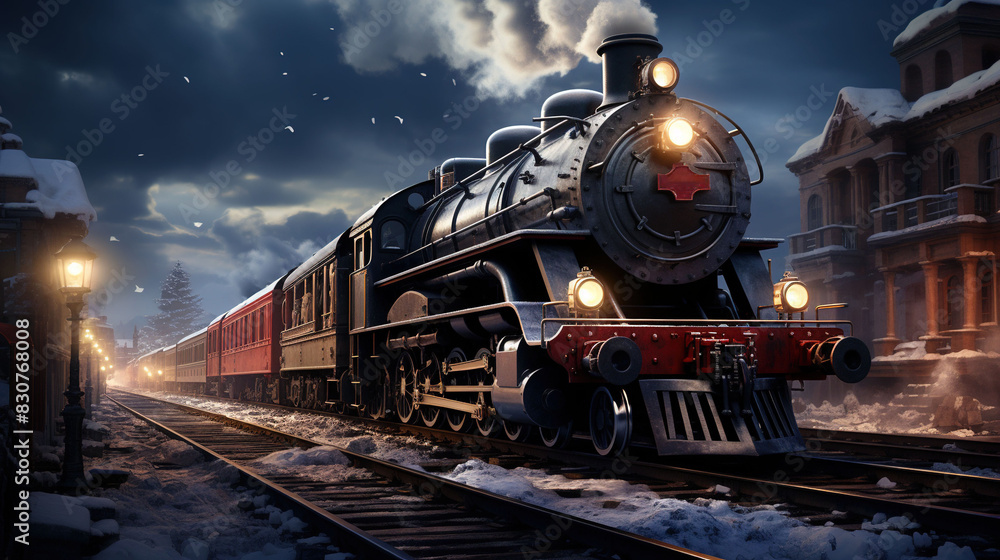 Fototapeta premium A Steam Train Chugging Through a Snow Covered Forest