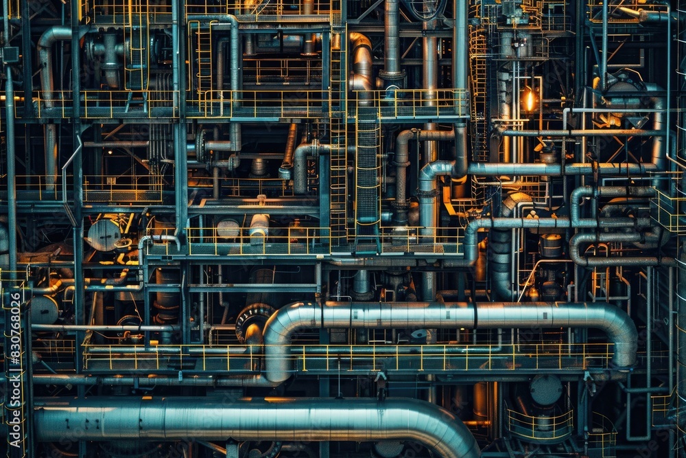 Close-up of an industrial factory background at night, featuring machinery, steel structures, and urban cityscape elements Close-up of an industrial factory background at night, featuring machinery, steel structures, and urban cityscape elements