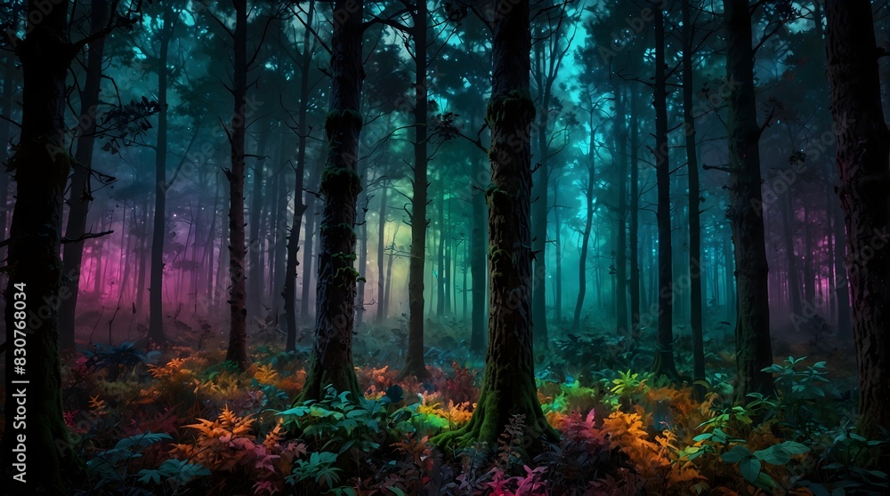 Fototapeta premium A psychedelic dreamscape where a colorful and dark forest morphs and twists, challenging perception and reality ai_generated