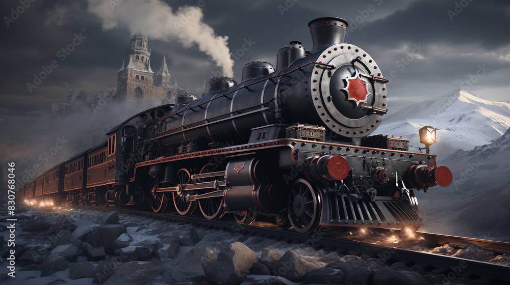 Obraz premium A Steam Train Chugging Through a Snow Covered Forest