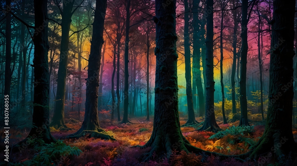 Obraz premium A psychedelic dreamscape where a colorful and dark forest morphs and twists, challenging perception and reality ai_generated