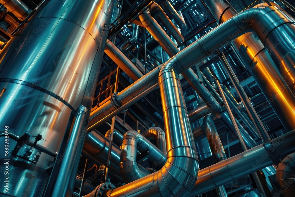 Close-up of an industrial factory background at night, featuring machinery, steel structures, and urban cityscape elements Close-up of an industrial factory background at night, featuring machinery, steel structures, and urban cityscape elements