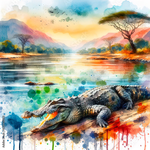 Crocodile in watercolor, drawing of the African crocodile