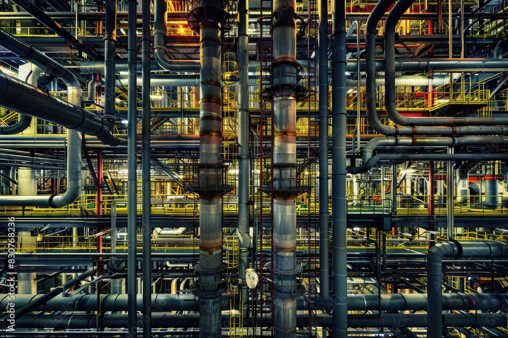 Close-up of an industrial factory background at night, featuring machinery, steel structures, and urban cityscape elements Close-up of an industrial factory background at night, featuring machinery, steel structures, and urban cityscape elements
