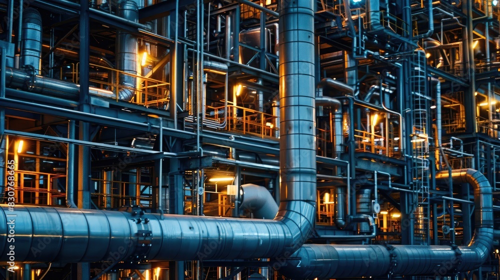 Close-up of an industrial factory background at night, featuring machinery, steel structures, and urban cityscape elements Close-up of an industrial factory background at night, featuring machinery, steel structures, and urban cityscape elements