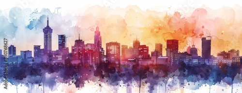 watercolor painting of abstract urban skyline