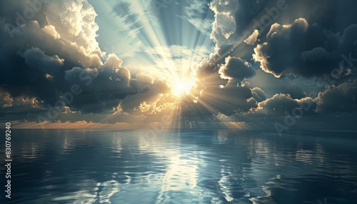 Majestic sunrays break through a moody cloudscape over calm waters, creating a serene and inspiring natural scene photo