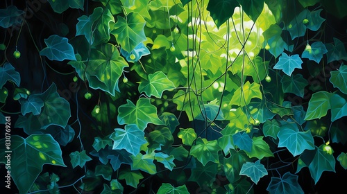 Artistic composition of light shining through a patch of ivy leaves, highlighting their diverse shapes and vibrant green, representing Earth's vitality.