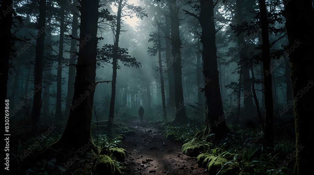 Fototapeta premium An atmospheric tale of a lost adventurer wandering through a vibrant yet foreboding forest where every shadow conceals unknown dangers ai_generated