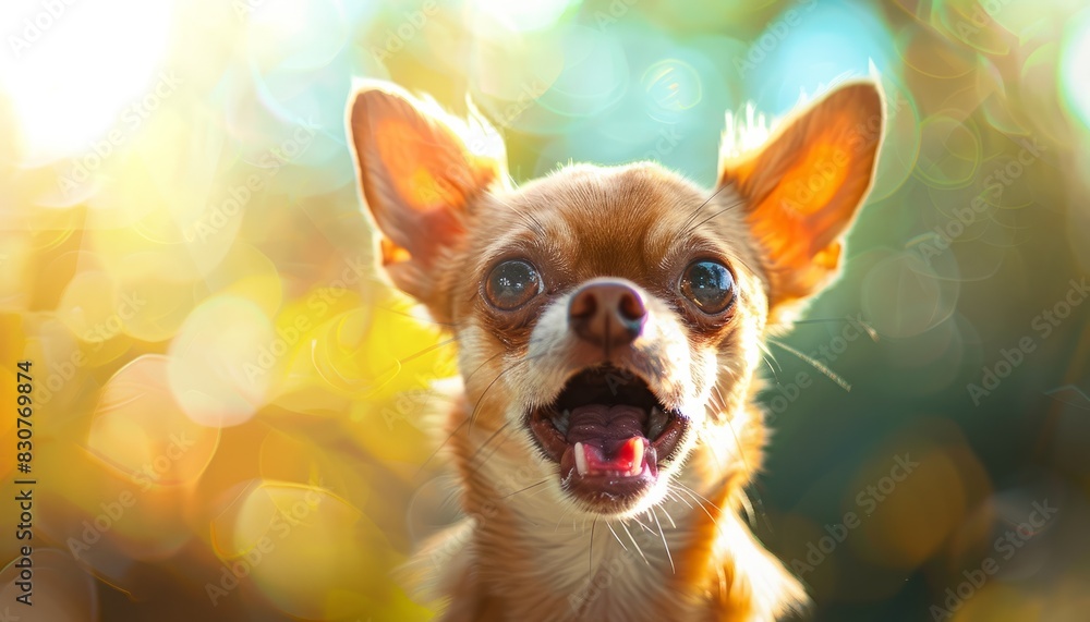 A surprised small dog with wide eyes and an open mouth in a sunlit park, capturing a moment of excitement or astonishment A surprised small dog with wide eyes and an open mouth in a sunlit park, capturing a moment of excitement or astonishment