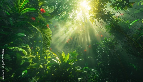 Mystical sunlight rays filtering through a lush green tropical rainforest canopy  creating a magical and invigorating environment