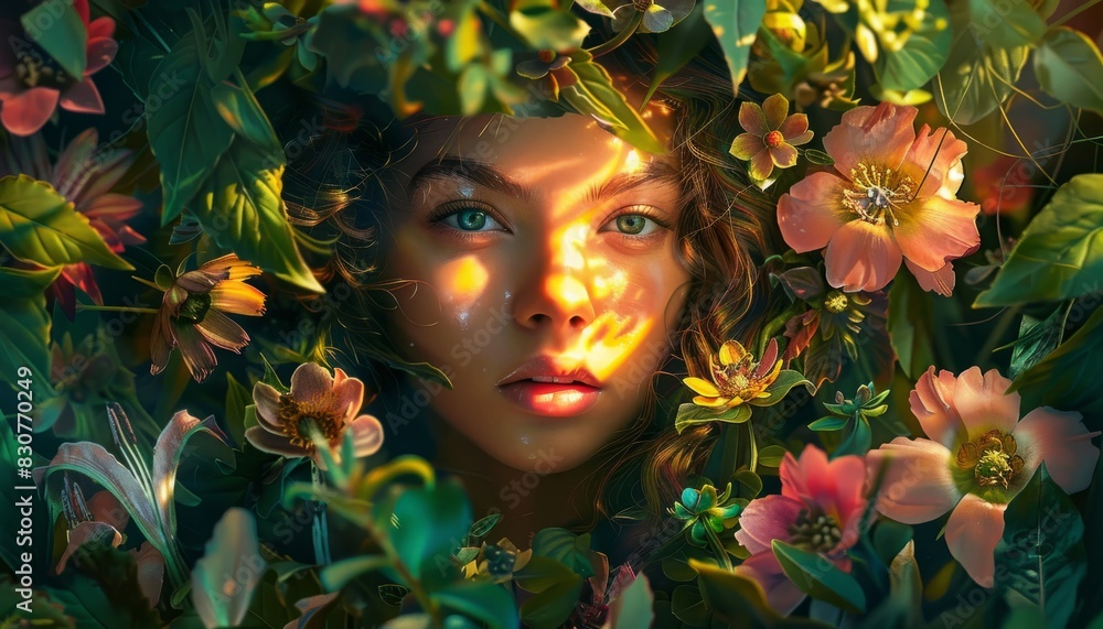Surreal portraiture of a woman amidst lush florals and foliage, highlighting the unity of human and nature in a mystical setting Surreal portraiture of a woman amidst lush florals and foliage, highlighting the unity of human and nature in a mystical setting