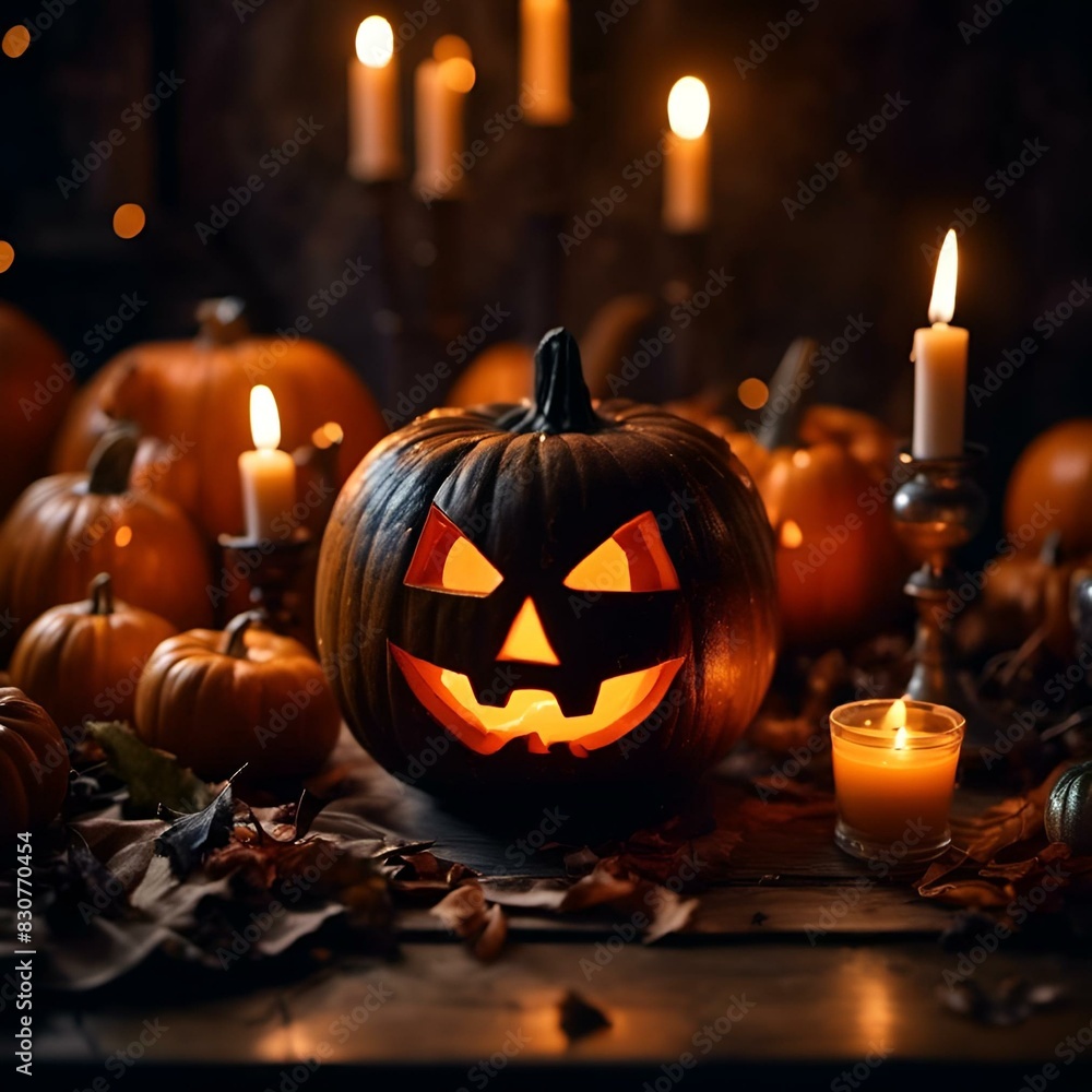 AI generated illustration of Halloween jack o'lantern pumpkins with candles on a table AI generated illustration of Halloween jack o'lantern pumpkins with candles on a table