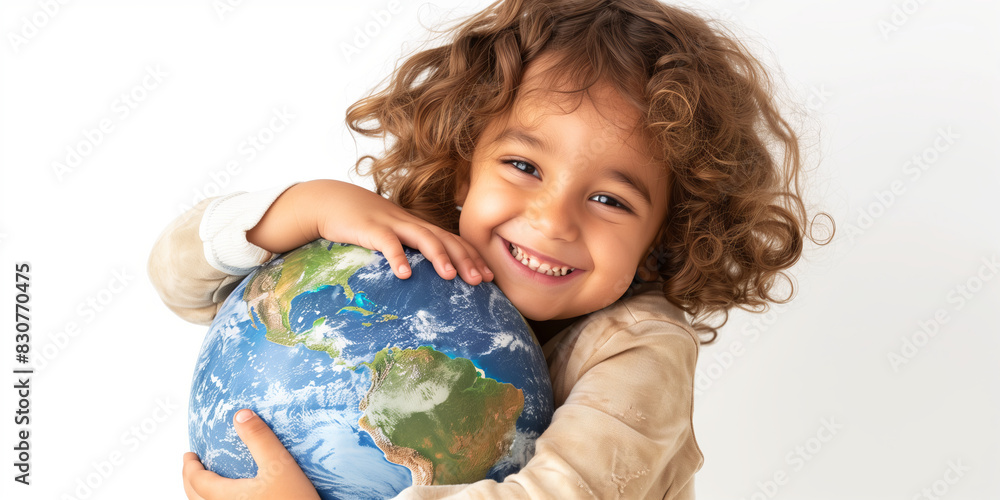 Happy cheerful child hugging planet Earth isolated on white background. Save the earth, Earth Day, Protecting environment concept. Happy cheerful child hugging planet Earth isolated on white background. Save the earth, Earth Day, Protecting environment concept.