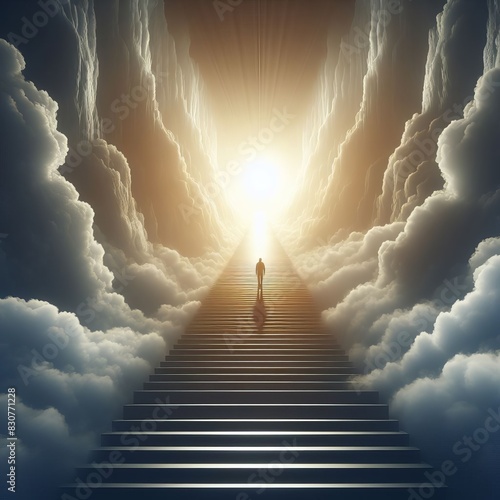 Surreal artwork showing a person ascending a staircase through massive clouds towards a radiant light, symbolizing a spiritual journey or afterlife.. AI Generation