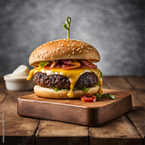 Food photography for a burger shop menu. National Geographic quality photography of a juicy  with a bun sitting on a wooden board, professional presentation and photography