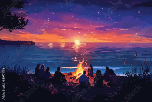 A group of people gathers around a bonfire on the beach at twilight. Flat vector illustration.