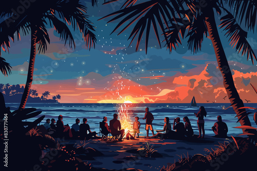 Three figures sit on a hilltop, stargazing under a starry night sky. Flat vector illustration.