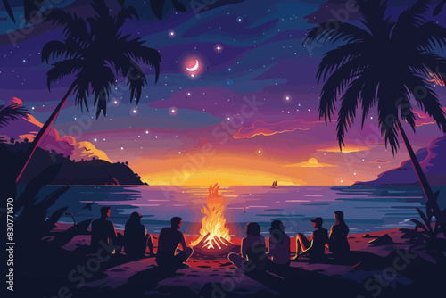 A group of friends sitting around a bonfire on the beach at sunset, enjoying the evening. Flat vector illustration.
