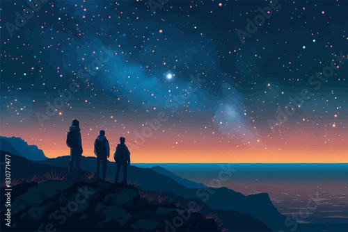 Figures stand on a hilltop, gazing at a starry night sky. Flat vector illustration.