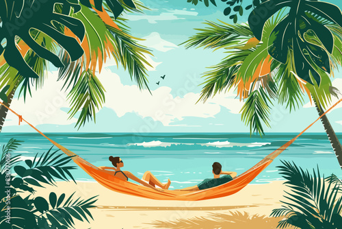 A couple relaxing in a hammock under palm trees on a tropical beach with the ocean in the background. Flat vector illustration.