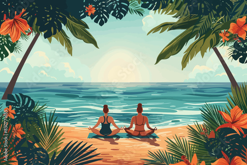 Two individuals meditating on a tropical beach at sunset, surrounded by lush vegetation and the ocean. Flat vector illustration.
