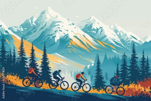 A group of cyclists riding their bikes through a mountainous landscape with snow-capped peaks. Flat vector illustration.