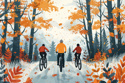 Three cyclists enjoying a bike ride through a forest with colorful autumn leaves. Flat vector illustration.
