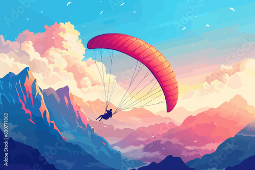 A paraglider enjoying a flight with stunning mountain views and colorful clouds in the sky. Flat vector illustration.