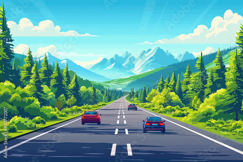 Cars traveling on a highway surrounded by lush forests and mountains. Flat vector illustration.