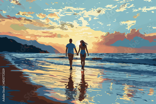 Couple holding hands and walking on the beach during a vibrant sunset. Flat vector illustration.