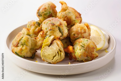 Scrumptious Artichoke Fritters: Indulge in a tantalizing interplay of savory and citrus notes
