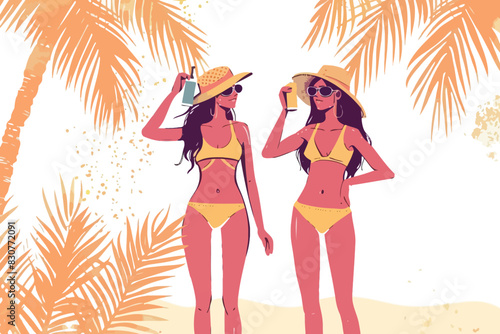 Two friends in bikinis and sun hats enjoy tropical drinks on a sunny beach. Flat vector illustration isolated.