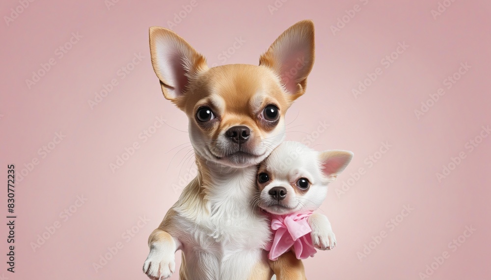 Chihuahua and puppy doll on pink color background Chihuahua and puppy doll on pink color background