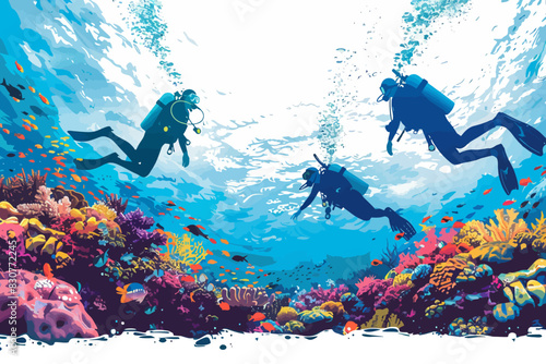 A group of scuba divers explores a colorful coral reef underwater. Flat vector illustration.