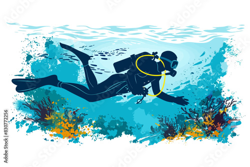 A scuba diver explores a vibrant coral reef underwater. Flat vector illustration.