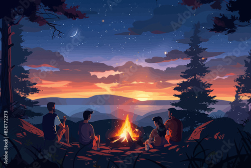 A group of friends gathers around a campfire under a starry sky. Flat vector illustration.