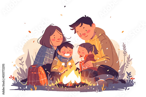 A happy family sits around a campfire, enjoying a peaceful evening. Flat vector illustration.